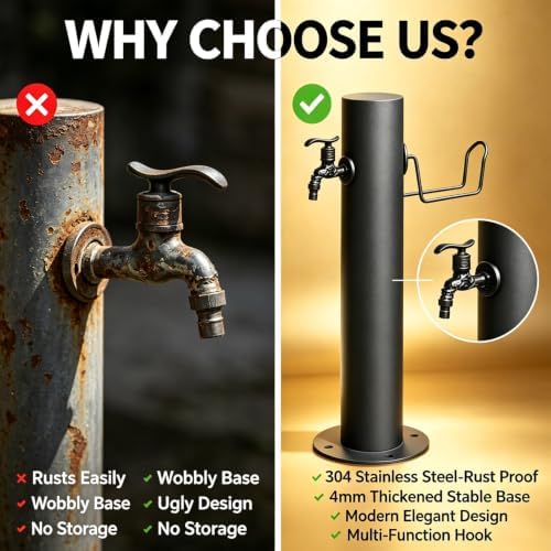Yard Antifreeze Cracking Floor-Standing Water Spigot,Stainless Steel Vertical Water Hydrant,with Hose Holder,Freestanding Garden Waters Column for Car Watering - Image 4