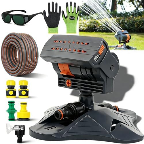 2026 Upgraded 16-Nozzle Oscillating Sprinkler with Dual-Zone Sprinkler Water Timer, Mini Turbo Oscillating Water Sprinklers for Lawn Yard Garden Watering (Black, with a Set nozzles+5m Water Hose) by Unknown