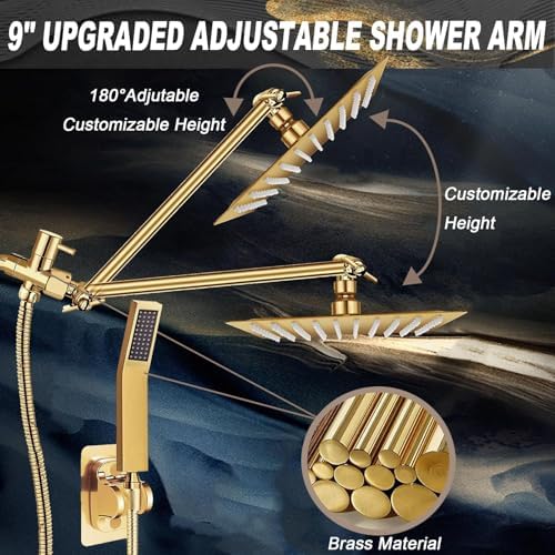 10'' Square Rain Shower Heads with Handheld, High Pressure Shower Head Combo with 11'' Adjustable Extension Arm, All Metal Shower Wand with 78'' Anti-Leak Shower Hose, 3 Way Diverter Valve, Gold - Image 4