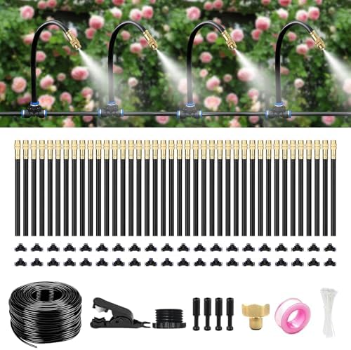100FT Drip Irrigation System for Garden – Automatic Watering Kit with Solid Brass Metal Connectors, 360° Bendable Tubing &40 Adjustable Nozzles for Greenhouse, Lawn, Yard & Plants by HEKIWAY