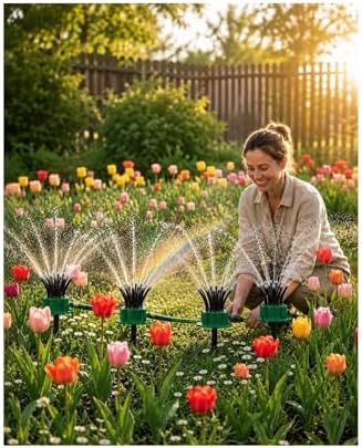 360° Rotating Garden Sprinkler for Yard & Lawn, 12 Adjustable Nozzle Irrigation Sprayer with 1/2”, 3/4” & 1” Connectors, Heavy Duty Spike Base for Large Area Garden Watering (4) by Unknown
