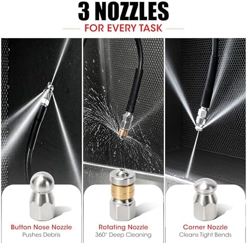 Sewer Jetter Kit for Pressure Washer 50 FT, Drain Cleaning Hose with Short Gun, 1/4" NPT, Rotating, Button Nose & Corner Nozzles, High Pressure Pipe Cleaner for Sewer and Drain Cleaning - Image 4