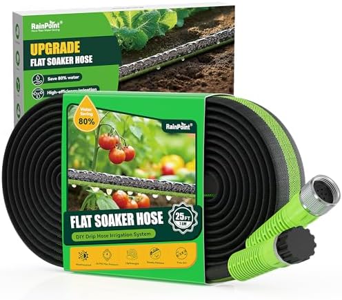 RAINPOINT Soaker Hose 25FT, 80% Water-Saving Flat Drip Hose, Leakproof and Flexible with Anodized Aluminum Ends, Double Layer Gardening Irrigation Hoses for Gardens, Vegetables and Trees, Green by RainPoint