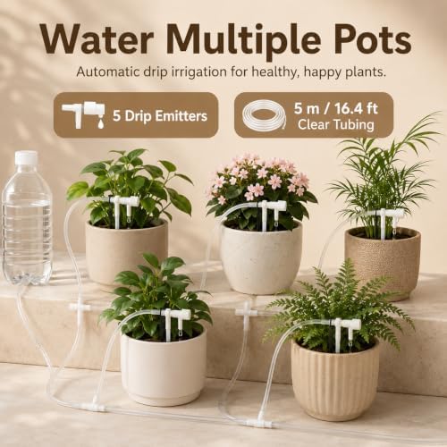 Automatic Plant Drip Irrigation Kit, 5 m / 16.4 ft Clear Tubing Self Watering System with 5 Adjustable Drip Emitters, Filter and Stakes for Indoor Potted Plants, Flowers and Balcony Garden - Image 5