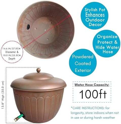 BSTGIFTS Garden Water Hose Holder - Decorative Metal Pot, Metal Hose Storage Pot, Garden Storage Organizer, Patio Portable Bucket - Antique Copper Accents, Holds up to 100ft Hoses (Embossed) - Image 7