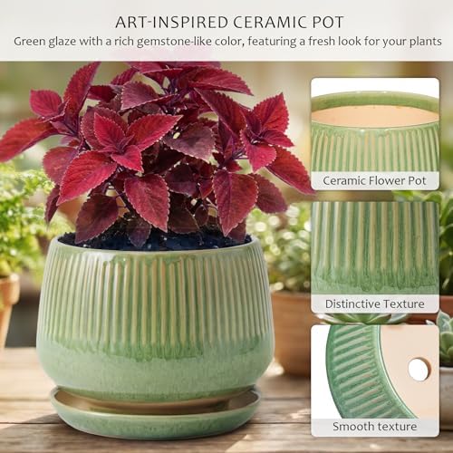 7.5 Inch Ceramic Planter with Saucer,Modern Garden Pots with Drainage Hole Mesh Net, for Indoor Outdoor Use (Crackle Green) - Image 3
