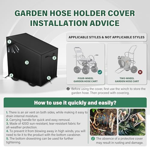 4-Wheel Garden Hose Reel Cart Cover – Weather-Resistant Protective Cover for Outdoor Hose Reels & Carts, Protects Against Sunlight, Rain, Snow, Sandstorms – Black - Image 6