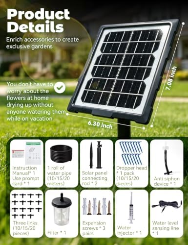 Drip Irrigation System, Automatic Watering Kit for 15 Pots, 49ft Watering System with 6 Timers & 2200mah Battery, Intelligent Plant Hydration Device, Solar Powered for Garden Patio Lawn - Image 7