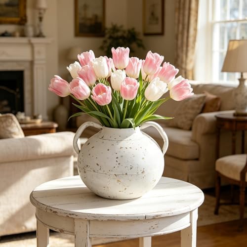 Vintage Flower Vase with Handle Rustic Distressed White Vase Farmhouse Decorative Jug Vase for Home, Living Room, Wedding, Shelf, Table Centerpiece Entryway Decor (White) - Image 3