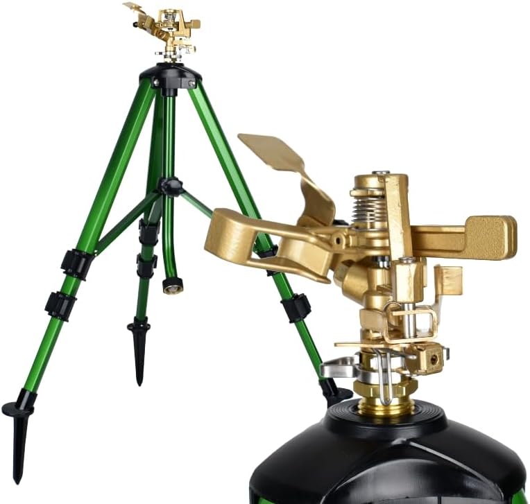 Deluxe 48" Tripod Sprinkler with Brass Impact Head, Adjustable 16-37 Inch Stand, with 12 Inch Extension Poles and Spiked Leg Shoes SP02-2PACK - Image 3