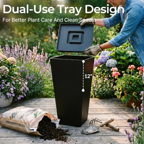 KOL Planters for Outdoor Plants, 28 Inch Tall Black Plant Pots, 2 Pack - Image 2