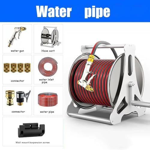 Hose Cart, Garden Hose Reel Trolley with Spray Nozzle, Wall Mounted/Portable Outdoor Stainless Steel Water Hose Planting Hose Reel 30m - Image 5