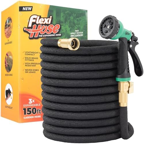 Flexi Hose with 8 Function Nozzle, 150FT - Lightweight Expandable Garden Hose, No-Kink Flexibility, 3/4 Inch Solid Brass Fittings and Double Latex Core by FlexiHose