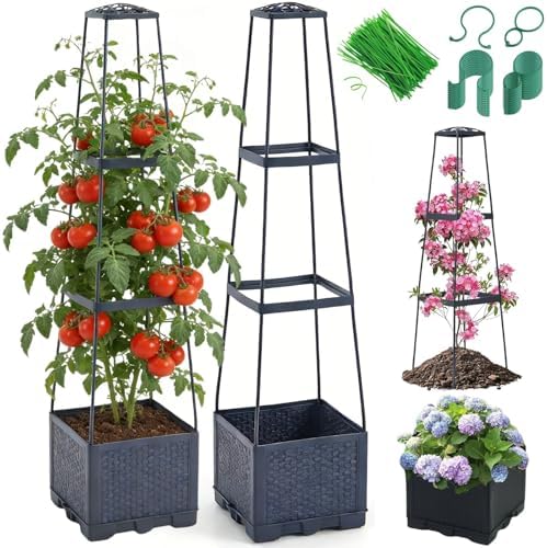 2 Pack Raised Garden Bed Tomato Planter with Trellis - 45" Self Watering Planters Box with Trapezoidal Trellis for Climbing Plants Vegetables Flowers - Tomato Cages for Greenhouse Indoor Outdoor by Lancisism