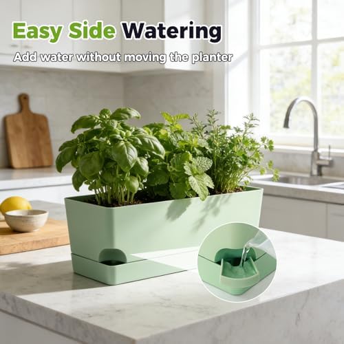 4 Pack Self Watering Pots for Indoor Plants 17 Inches Window Boxes Planters Rectangular Flower Pots Rectangle Herb Pots Large Plant Pots with Drainage Holes and Saucers Windowsill Planter, Green - Image 5