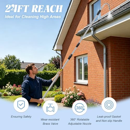 24FT Reach Gutter Cleaning Tools from Ground, 16FT Telescoping Rain Gutter Cleaner with 360° Rotating Metal Nozzle, Brass Shut-Off Valve, Leak-Proof Hose Attachment for Garden Hose - Image 2