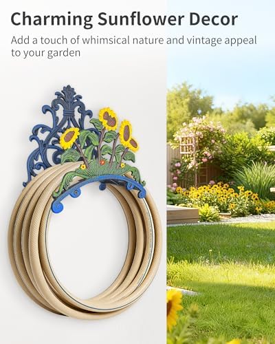 Cast Iron Garden Hose Holder Wall Mount, Rustic Heavy Duty Water Hose Hanger, Decorative Vintage Hose Reel Organizer for Outside Garden Yard Patio, Painted Sunflower Design - Image 7