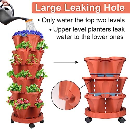 DUNCHATY Stackable Planter, Vertical Strawberry Planter with Garen Tool Set, Self Watering Garden Planter Indoor/Outdoor 7 Tier Herb Planter Pots for Growing Vegetables and Succulents, Clay Red - Image 4