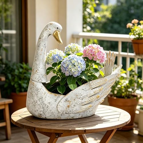 Vintage Metal Flower Pot, 15.75" Rustic Distressed White Swan Planter, Farmhouse Indoor Outdoor Decorative Planter for Garden Patio Balcony, Unique Gift for Plant Lovers - Image 7