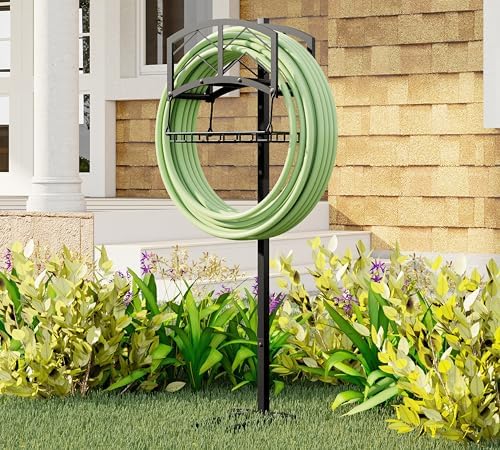Kingson Portable Garden Hose Holder with Storage Basket - Heavy-Duty Black Steel Construction, Holds 150FT Hose, Freestanding & Detachable Design with Tools for Easy Assembly - Image 2