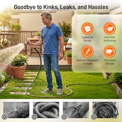 Garden Hose, 50ft 5/8" Heavy Duty Rubber Water Hose, 550 PSI Burst, 360° Anti-Kink Swivel Connectors, All-Weather Flexible, Leakproof 3/4" Brass Male to Female Fittings - Image 3