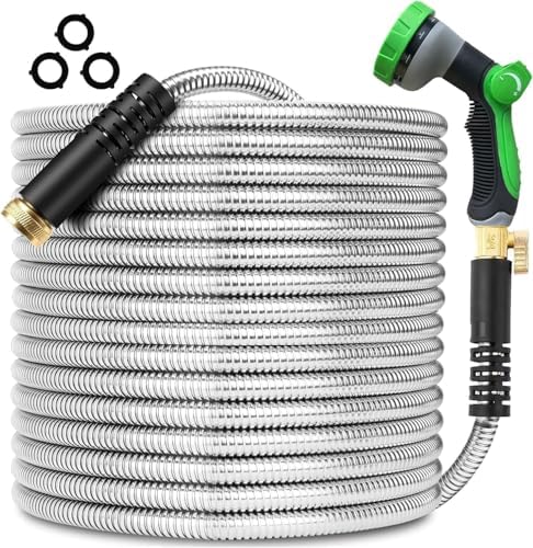 200FT Metal Garden Hose 304 Stainless Steel Flexible Water Hose - No Kink & Tangle Heavy Duty Pipe with Nozzle, Durable 3/4 Metal Fittings and Valve - Rust Proof Puncture Proof for Yard Lawn by Celiamusing