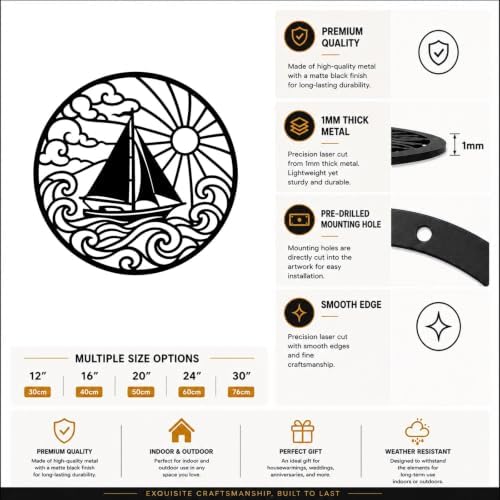 Sailboat with Sun Waves Metal Wall Art for Dining Room Decor with Detail - Image 2