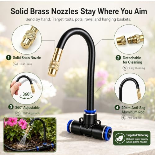 5/16" Drip Irrigation System 100 ft for with 20-Pcs 360° Adjustable Copper Nozzles for Garden, Automatic Misting Watering Sprinkler System Raised Beds, Greenhouse (100ft+20 nozzles) - Image 5