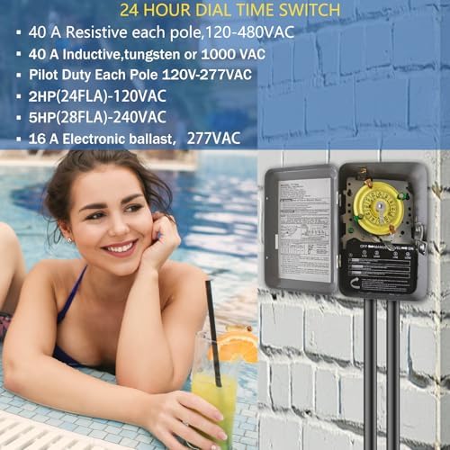 T104 Mechanical Timer Switch, 208–277 VAC 40 Amp,Pool Pump Switch, 24 Hour 12 ON/Off for Pump, Heavy Duty Pool Timers, Timer for Lights HVAC Systems, 5 Years Warranty - Image 4