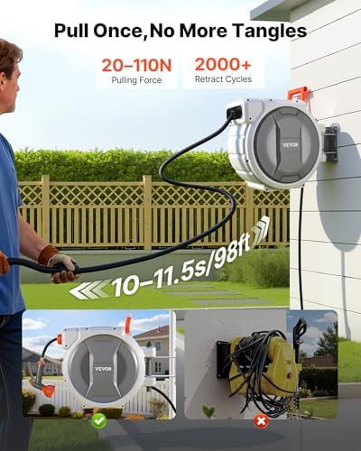 VEVOR Retractable Garden Hose Reel, 1/2 in x 100 ft, Wall Mounted Hose Reel with 9-Function Sprayer Nozzle and 180° Swivel Bracket, Any Length Lock, Automatic Slow Rewind System, for Garden Watering - Image 3