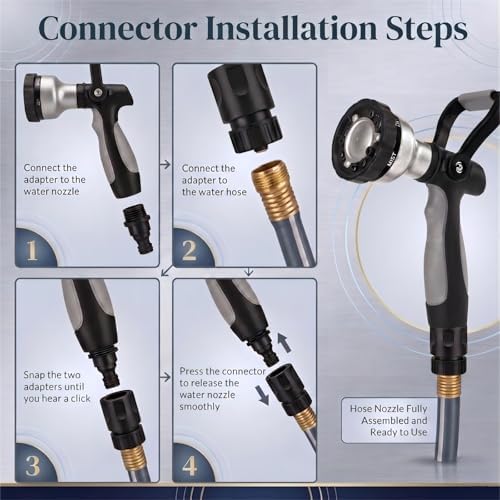GREEN MOUNT Garden Hose Nozzle with Quick Connect Set - Zinc Alloy High Pressure Sprayer, Fireman Style Handle for Car Wash & Plant Watering，Black-grey - Image 2