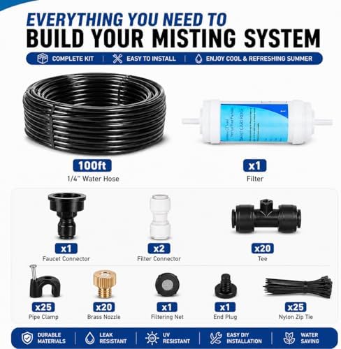 100FT Misters for Outside Patio, Outdoor Misting Cooling System with 20 Brass Nozzles & Filters, DIY Misting Kit for Backyard Garden Greenhouse Deck Umbrella Canopy Pool Porch Trampoline - Image 5