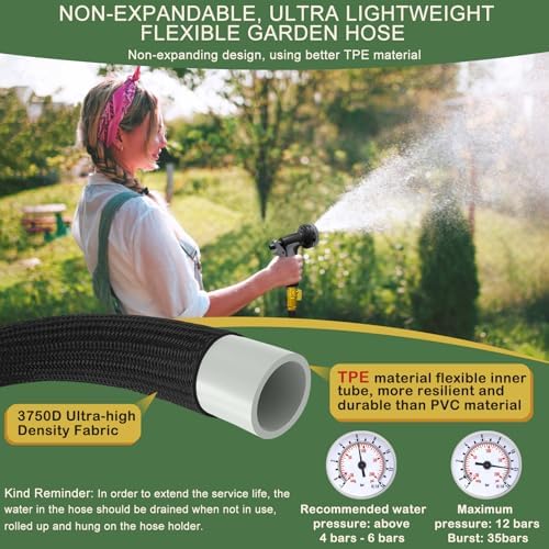 Garden Hose 75 ft, Non-Expandable Flexible Water Hose with 10 Function Spray Nozzle, Lightweight, Leak Proof, Kink-Free, Portable Hose for Outdoor, Yard, Lawn, High-Density Fabric, Black Grey - Image 2