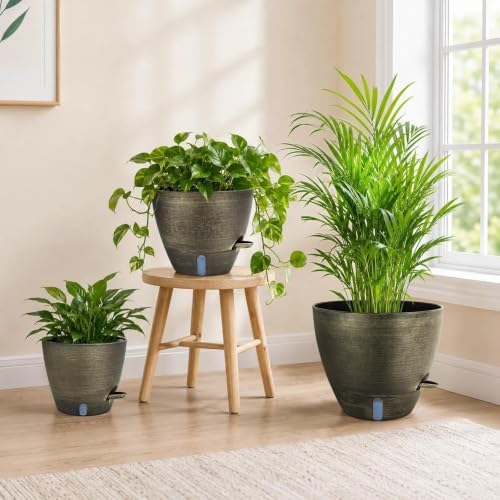 ZMTECH 12/10/8 in Self Watering Pots for Indoor/Outdoor Plants, Gold Bronze Large Plastic Planter with Water Level Indicator, Drainage Hole & Removable Saucer for Garden Flowers, Deco Plant Container - Image 5