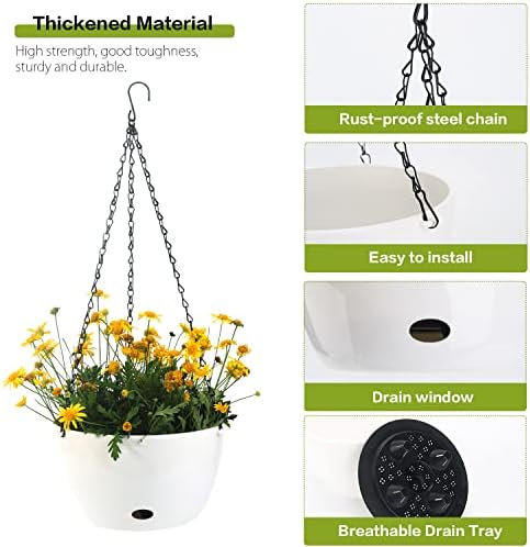 Sungmor Self Watering Hanging Planter for Indoor Plants, 9.4" & 11.2" 2-PACK Large White Plastic Hanging Basket, Garden Flower Pots with Hanging & Standing Design, Thickened Sturdy Drainage Plant Pots - Image 6