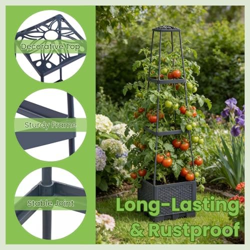 2 Pack Raised Garden Bed Tomato Planter with Trellis - 45" Self Watering Planters Box with Trapezoidal Trellis for Climbing Plants Vegetables Flowers - Tomato Cages for Greenhouse Indoor Outdoor - Image 3