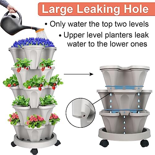 GameXcel Vertical Planter Tower - 5 Tier Stackable Garden Planters with Wheels and Tools Plant Pots for Strawberry Herb Flower and Vegetable Indoor Outdoor Use Gray - Image 2