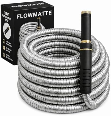 100 FT Metal Garden Hose, Stainless Steel Water Hose, Kink-Free Lightweight Heavy Duty Garden Hose with Brass Fittings & Nozzle, Flexible Non-Expandable Hose by Unknown