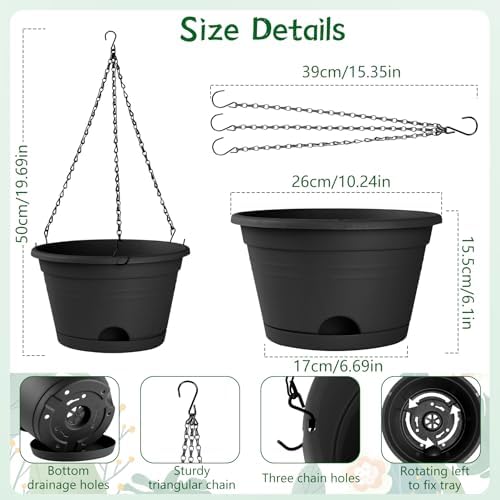 Nooulap 6 Pack Hanging Planters, 10 Inch Hanging Pots, Black - Image 3