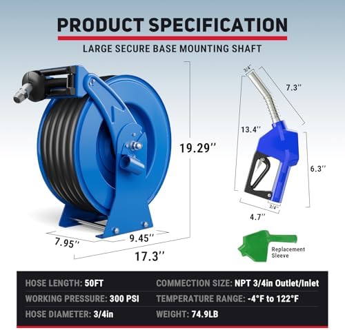 Fuel Hose Reel 3/4" x 50', Spring-Driven Retractable Diesel Reel - Image 2