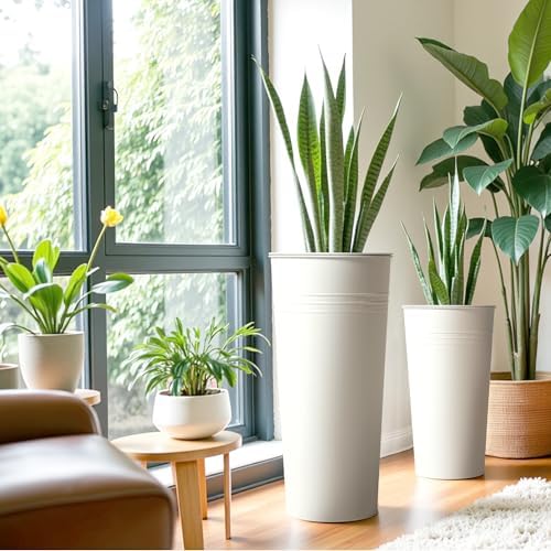 KOL 25'' Tall Galvanized Steel Planter Pot with Water Level Indicator - 2-Pack Self Watering Planters Flower Pot for Plants - Round Powder Metal Planter Box - Indoor Outdoor Grande Plant - White - Image 4