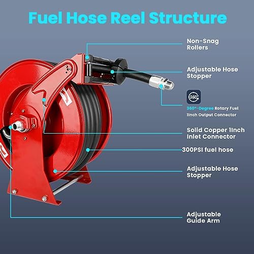 Fuel Hose Reel with Fueling Nozzle, 3/4" x 66FT Retractable Diesel Hose Reel, 300 PSI Industrial Heavy Duty Auto Swivel Rewind Hose Holder for Vehicle Tank Truck Trailer Ship - Image 2