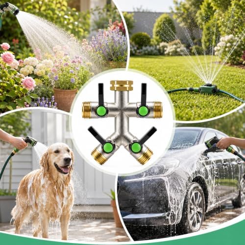 Hose Splitter 4 Way, Heavy Duty Brass Garden Faucet Splitter Long Handle - Image 3
