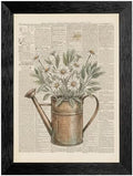 Framed Canvas Wall Art Vintage Mixed Media Watering Can Daisies Muted Watercolor on Newspaper Canvas Print Poster Black Frame Wall Decor for Living Room Cottagecore Art, Rustic Decor - 12x16 Inch by Unknown