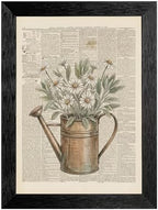 Framed Canvas Wall Art Vintage Mixed Media Watering Can Daisies Muted Watercolor on Newspaper Canvas Print Poster Black Frame Wall Decor for Living Room Cottagecore Art, Rustic Decor - 12x16 Inch by Unknown