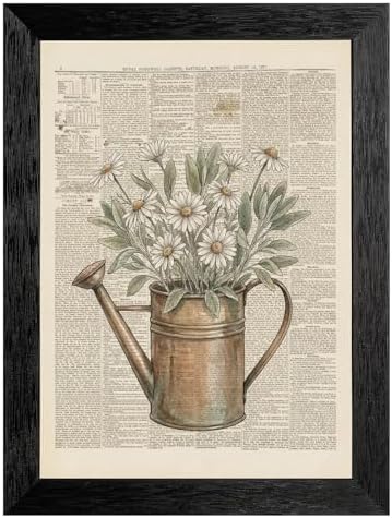 Framed Canvas Wall Art Vintage Mixed Media Watering Can Daisies Muted Watercolor on Newspaper Canvas Print Poster Black Frame Wall Decor for Living Room Cottagecore Art, Rustic Decor - 24x36 Inch by Unknown