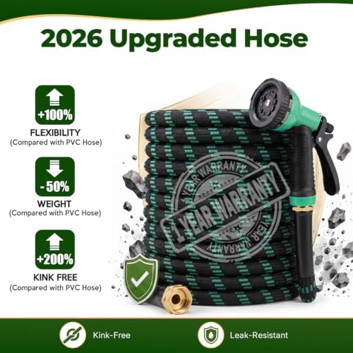 Garden Hose 50 ft, 2026 Upgraded Kink Free Flexible Water Hose 50ft With 10 Pattern Spray Nozzle, Leak-Proof, Portable, Ultra Lightweight & Durable Garden Hose for Yard, Lawn, Outdoor (Black Cyan) - Image 2