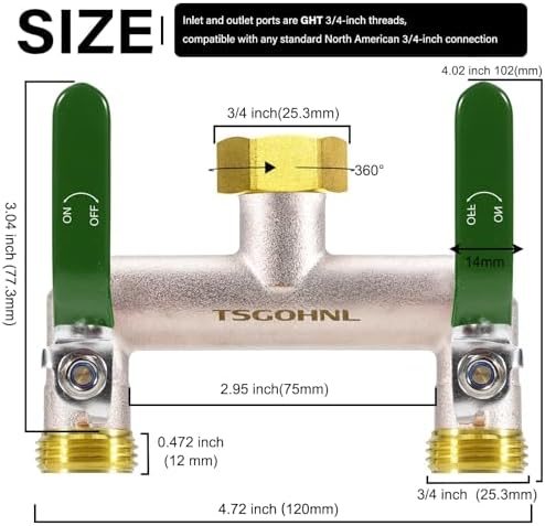 2 Way Hose Splitter, 3/4" GHT Brass Garden Hose Splitter (Green) - Image 2