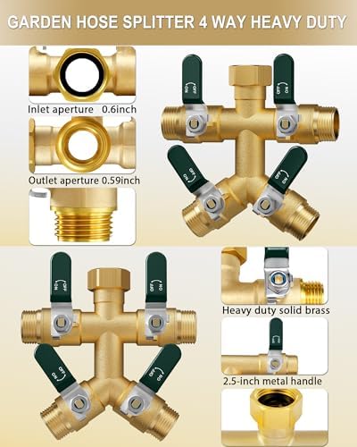 EBH Garden Hose Splitter 4 Way, Heavy Duty Solid Brass Hose Splitter with Shutoff Valves, Water Spigot Splitter With 304 Stainless Steel Handle, Full Flow Outdoor Faucet Splitter, 3/4" GHT Thread - Image 3