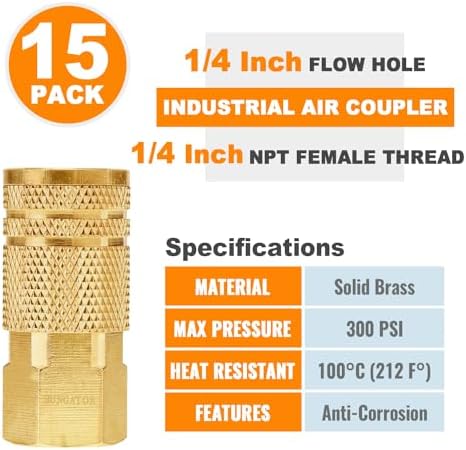 SUNGATOR 15-PCS Brass 1/4" Air Line Quick Connect Fittings, FNPT Coupler - Image 2